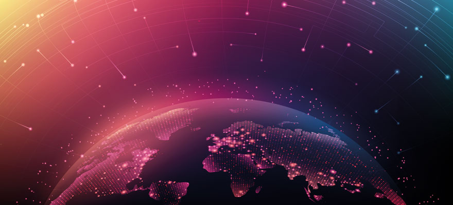 Redirection International: planeta Terra iluminado por luz roxa representando a expansão global do mercado