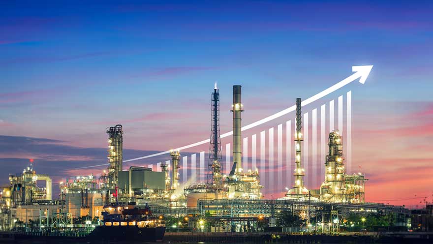 Redirection: assessoria para fusões e aquisições (M&A). Imagem ilustrativa de refinaria de petróleo e gás. Inclui seta e gráfico de barras indicando curva de ascensão